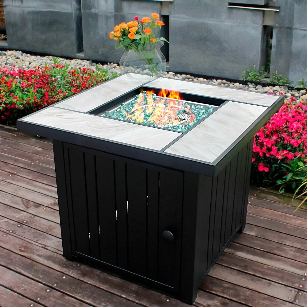 Description Picture 2 of item30" Propane Fire Pit with Real Ceramic Tabletop, 50000 BTU Gas Fire Pit Table with Lid & Glass Rock, Outdoor Fire Pit for Dining
