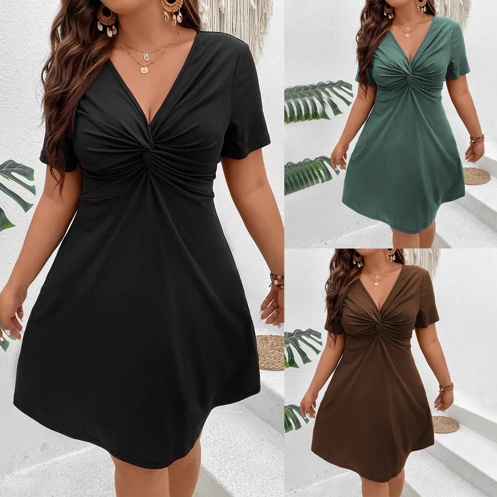 

European and American Women's Clothing 2024 New V-neck Slimming A-line Skirt Vacation Style Casual Dress