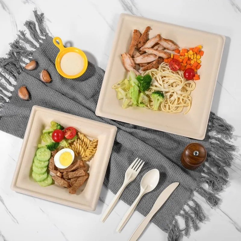 Compostable Party Paper Plates Set -[300 Pcs] 10 inch&8 inch Square Brown Paper Plates Heavy Duty, Utensils and Napkins-Eco