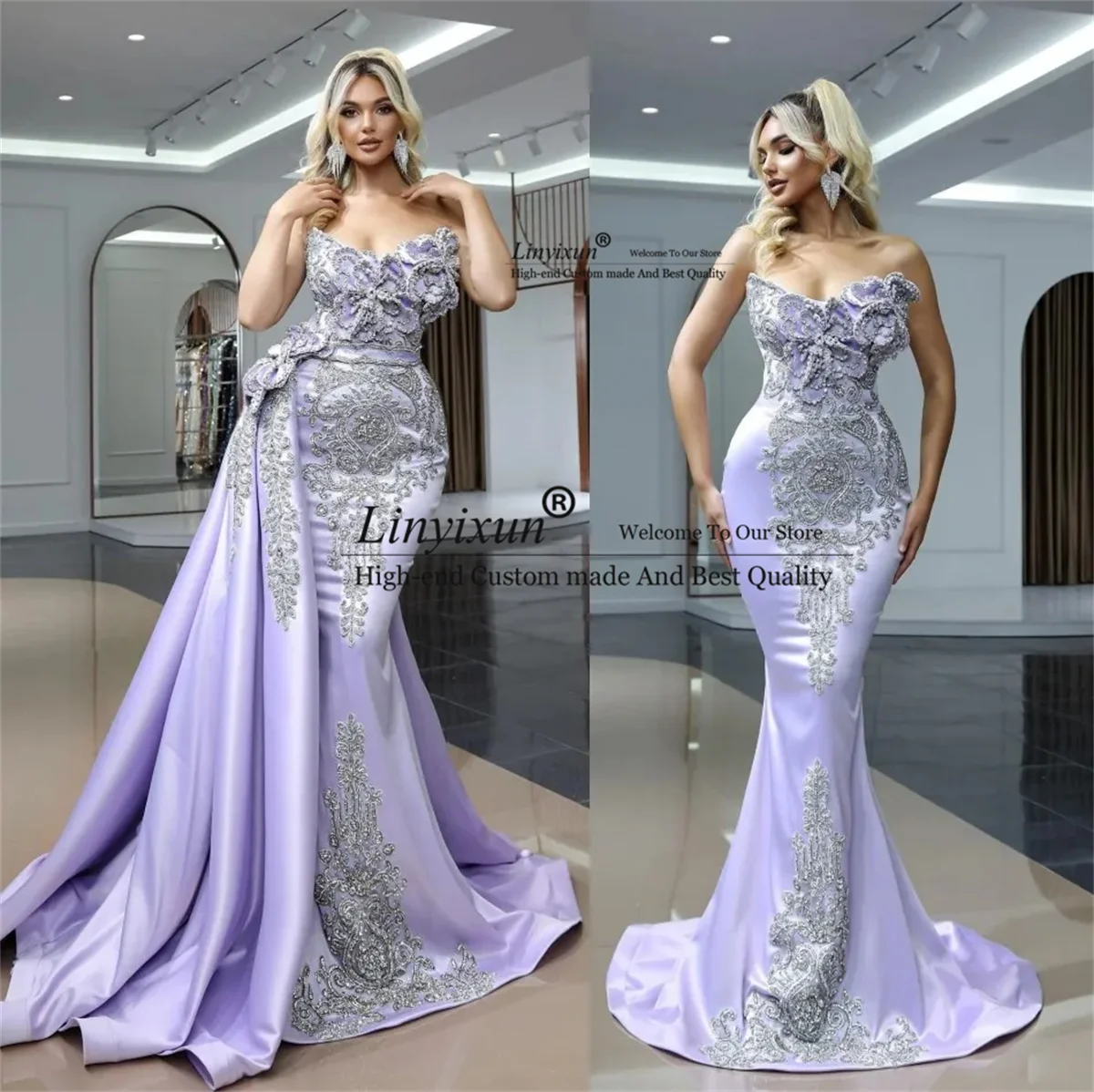

Chic Mermaid Split Evening Dresses With Detachable Train Sweetheart Beaded Appliques Formal Arabic Prom Gowns Sexy Patry Dress