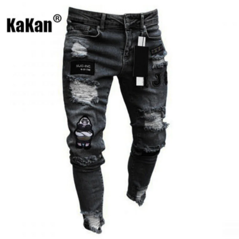 Kakan European and American High-quality New Long Jeans Men's Elastic Tight Jeans, Hole Badge Slim-fit Pants Jeans K14-881