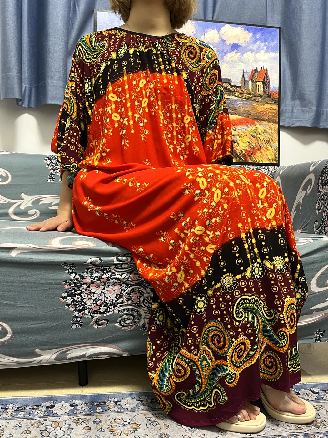 Muslim Abayas For Women Dubai Turkey Print Floral Round Neck Loose African Dress For Women Kaftan Marocain Femme Robe Big Scarf