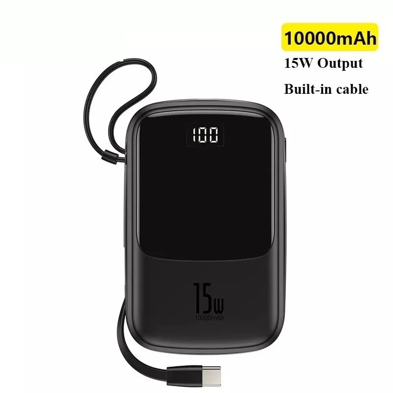 

To Power Bank 10000mAh Built-in Type C Cable 3A 15W Powerbank Phone Charger Digital Display Poverbank Mini Portable Charger