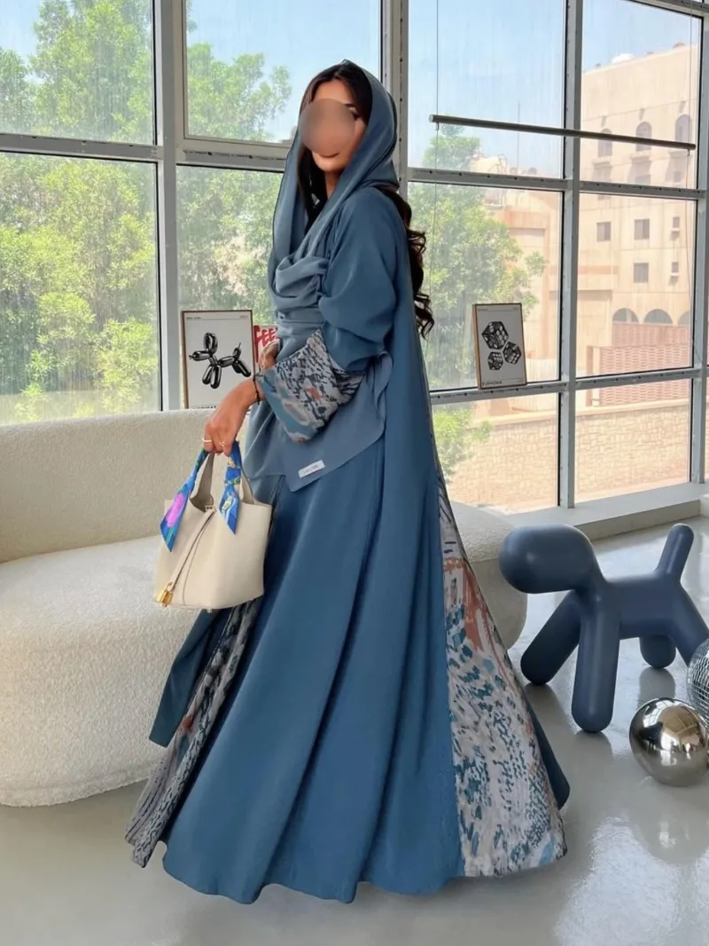 عباءات نسائية إسلامية للشرق الأوسط، فساتين كاجوال طويلة، جلباب عربي بأكمام كاملة مفتوح من الأمام مع حجاب، طقم من قطعتين