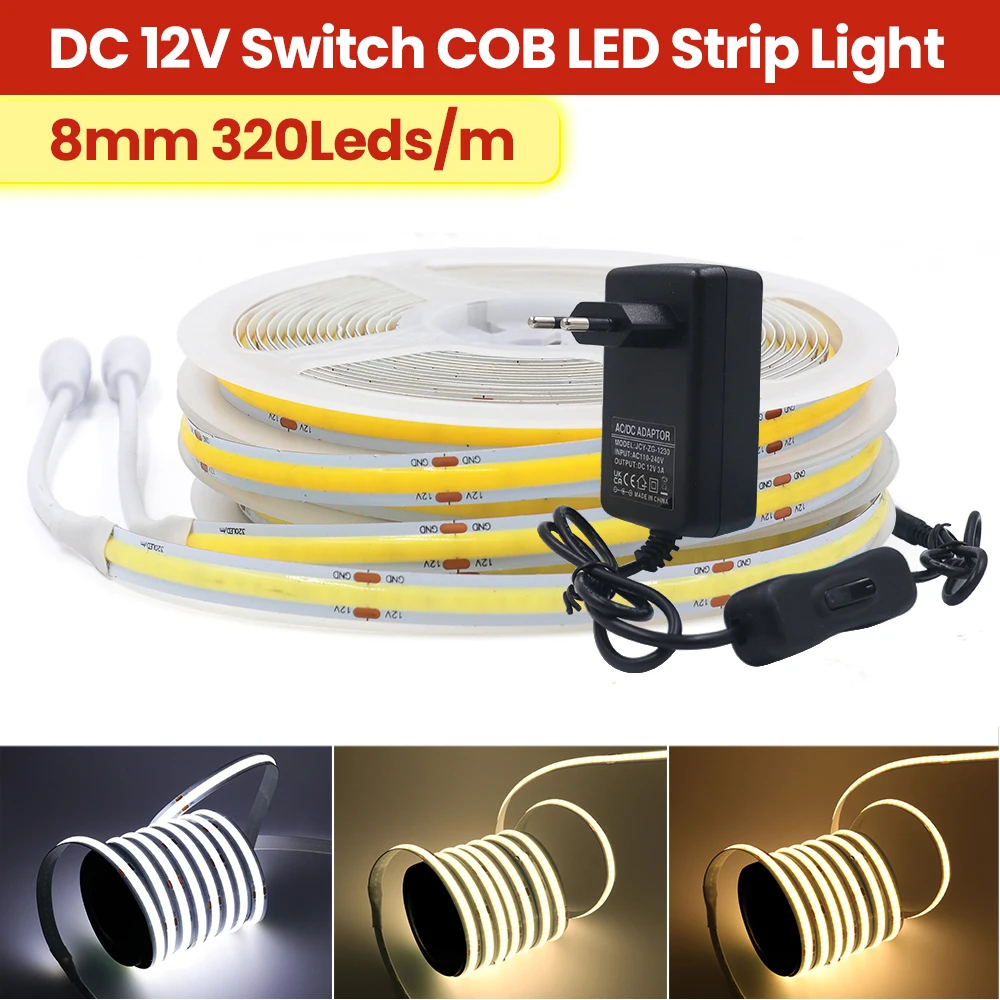 

12V COB LED Strip With OFF/ON Switch 320 384 480 528LEDs/m High Density Flexible FOB LED Tape Lights for Room Decor 3000K-6000K