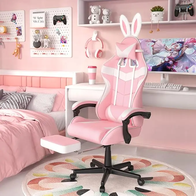 Pink Gaming Chair with Footrest,Lovely Cute Bunny Computer Gamer Chair,Kawaii Desk Chair for Granddaughter,Sister,Girlfri