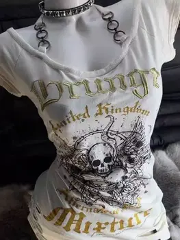 T-shirt a maniche corte originale americana vintage Y2k per donna Summer Spice Girl Slim Fit stampa teschio Grunge Punk Streetwear Top 1