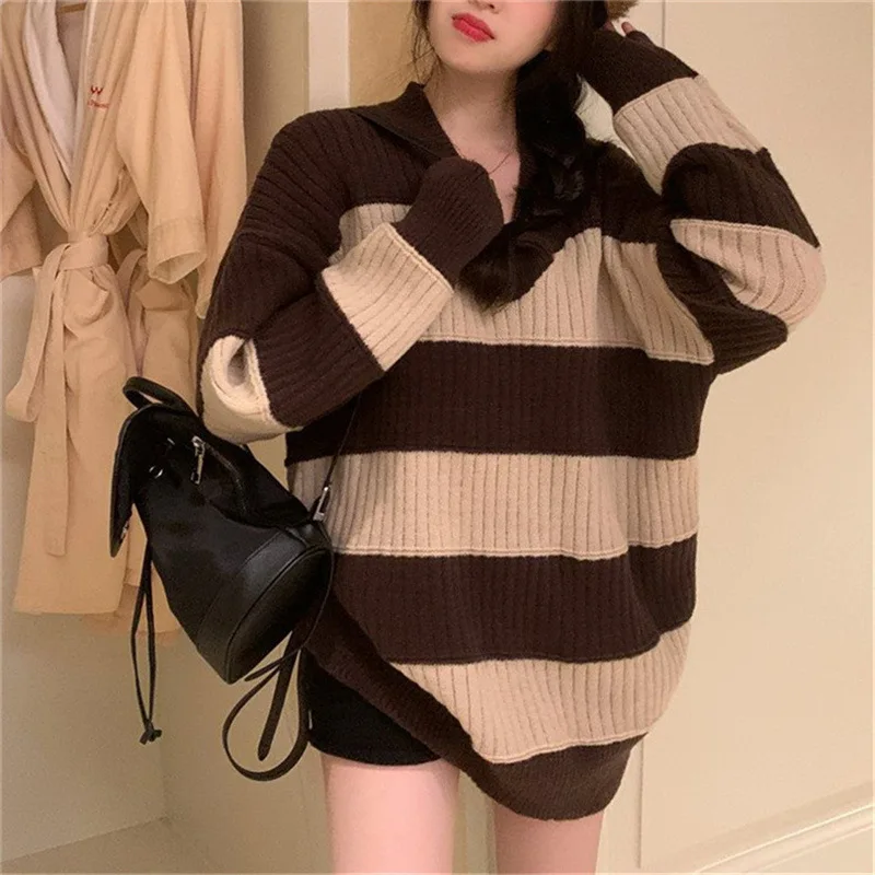 

Vintage striped contrast languid sweater women's new autumn design sense loose top