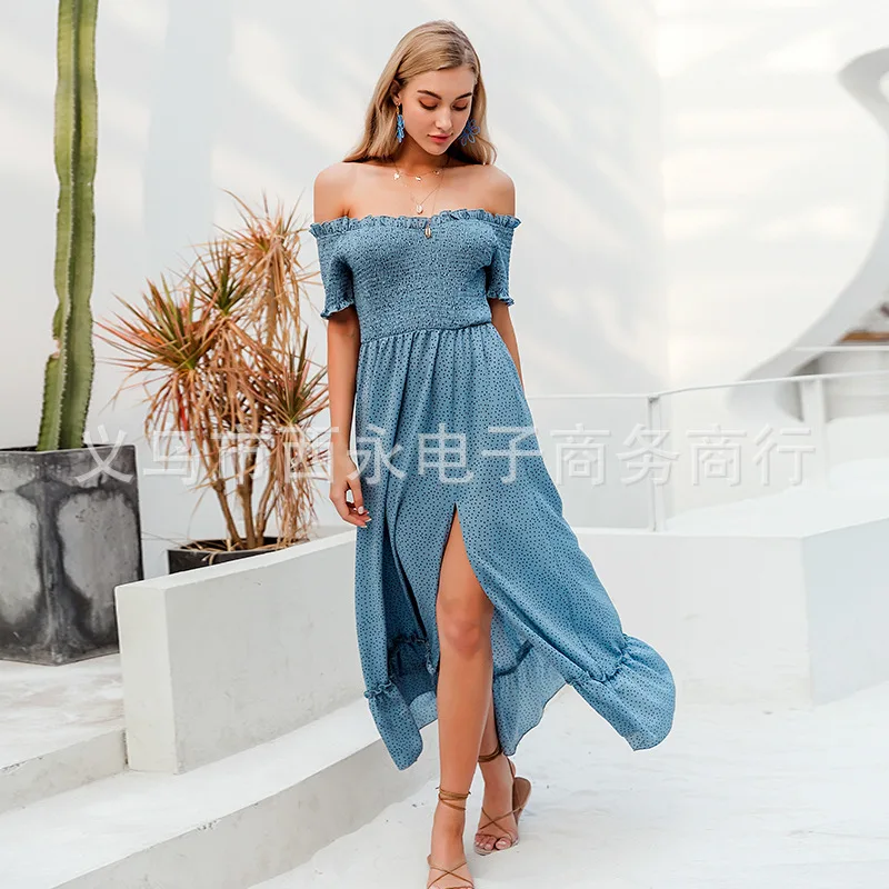 

European and American 2022 Spring/Summer New Sexy Style Ruffled Split off-Shoulder Short Sleeve Polka Dot Midi Dress