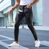 Pantalon Long en cuir pour hommes, coupe cintrée, motard d'extérieur, pantalon en cuir PU, jean serré, pantalon à pieds, Style rétro, tissu mixte 5