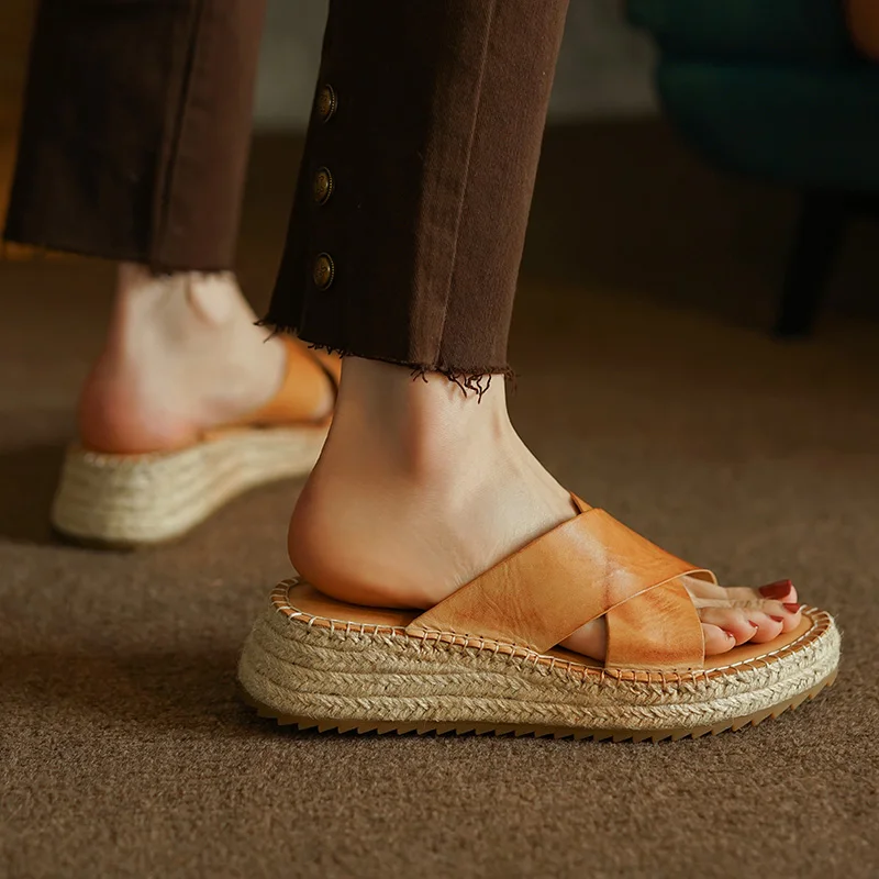 

Women’s Summers Sandals Wedge Slipperrs Cowhide Platforma Shoes Hemp Espadrilles Outwear Slippers Open Toe Ladies Shoes