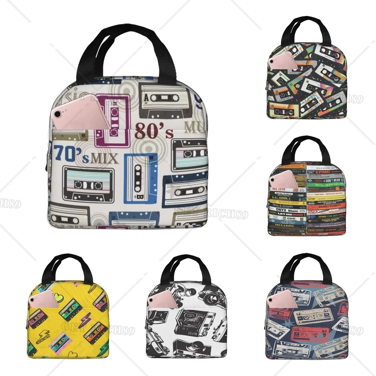 

Vintage Old Music Tapes Insulated Lunch Bag Women Men Portable Tote Bag Reusable Leak Proof Cooler for Work Office Travel Picnic