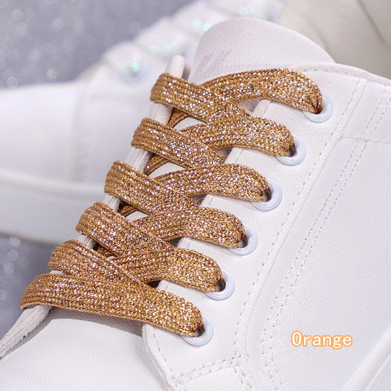 Vibrant Metallic Glitter Flat Shoelaces - Silver, White, and Gold for Sports and Running Shoes