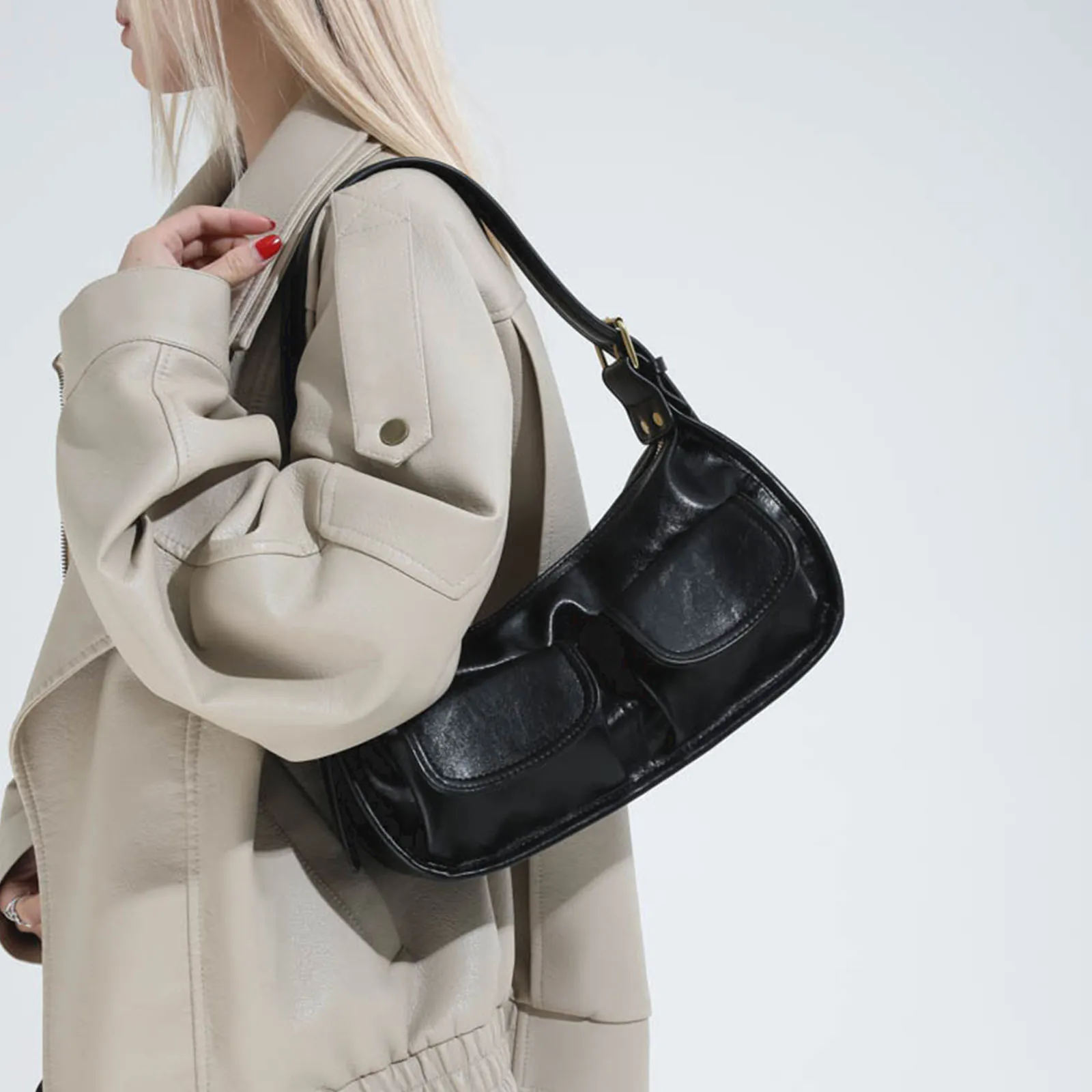 Women PU Leather Small Shoulder Bag Adjustable Strap One Shoulder Armpit Bag with Zipper Retro Underarm Bag for Outing Commuting