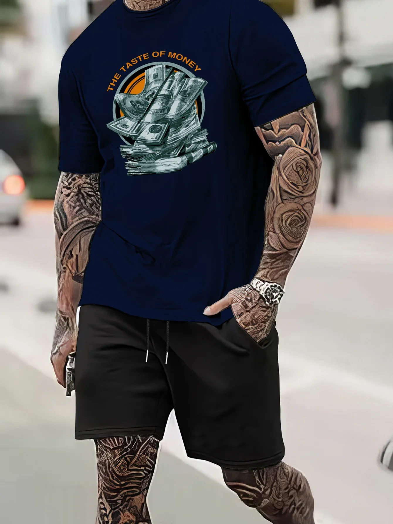 thumbnail image 1 of Conjunto de camiseta y pantalones cortos de manga corta con estampado 3D de oración y huella de mano para hombre, estilo informal de verano para exteriores, 1 of 5