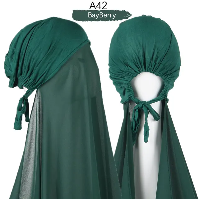 Muslim Women Chiffon Hijab With Cap Bonnet instant Chiffon Hijab Pinles Shawl Head Scarf Under scarf Caps Cover Headwrap A42
