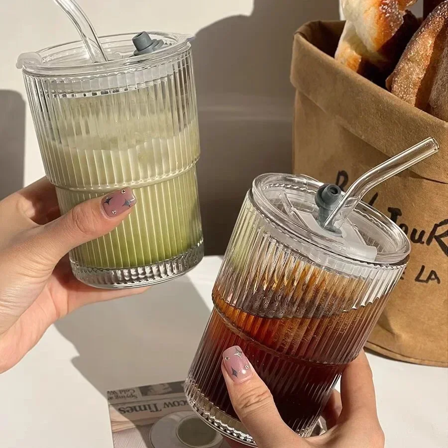450ml Transparent Glasses Stripe Glass Cup with Lid and Straw Ice Coffee Mug Tea Cup Drinkware Water Bottles Kitchen Accessories