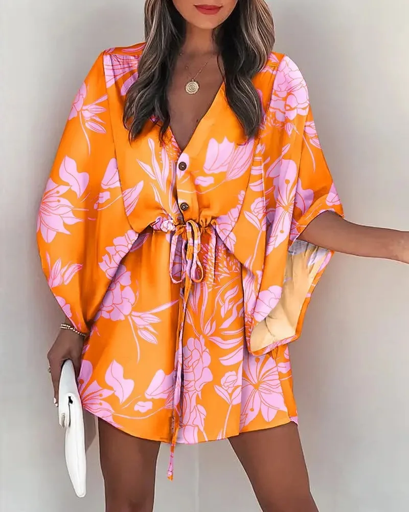 Boho Mini Dress Sexy Floral Print Shirt Dress V-neck Casual Loose Beach Party Dress Summer Oversized Holiday Short Vestido floral women dress summer short sleeve v neck sexy party dress bohemian casual chiffon beach boho dresses vintage mini sundress