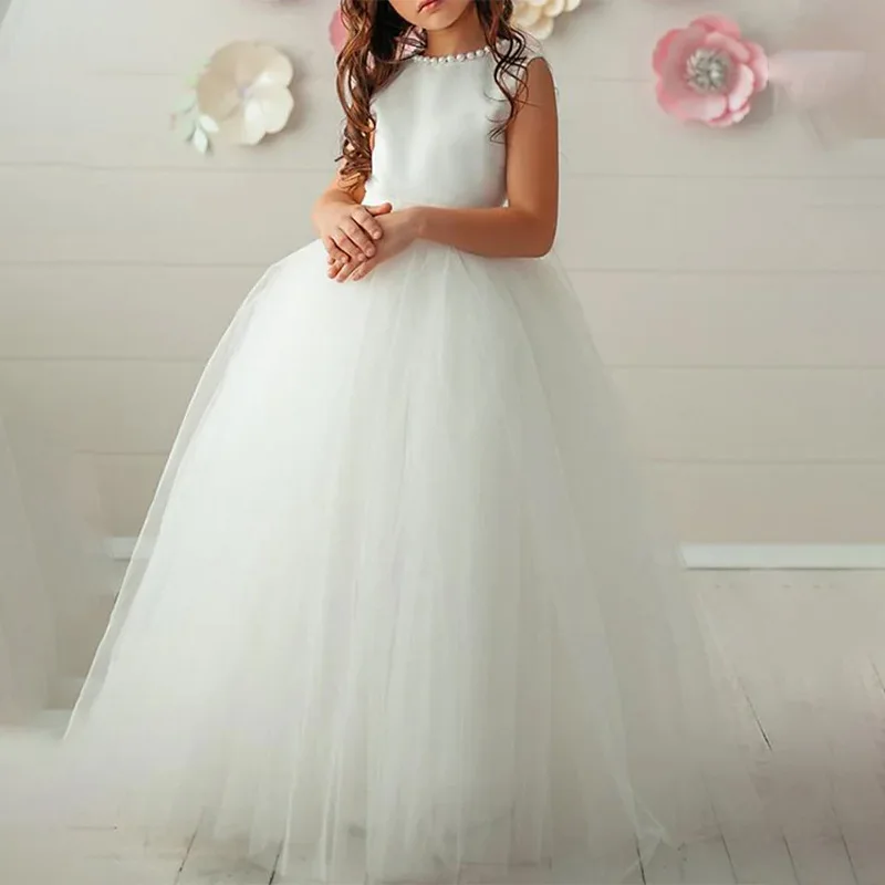 

Children's Wedding Dress Sleeveless Backless Beaded Girl's Birthday Performance Fluffy Long Dress