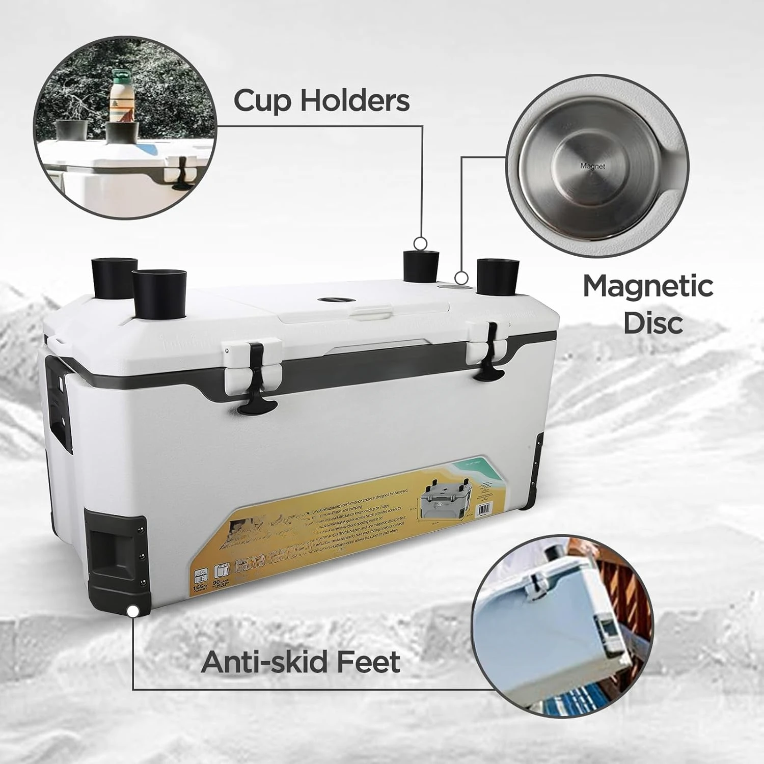 165QT Ice Chest, Heavy Duty, High Performance Insulated Cooler with Fish Ruler, Removable Threaded Cup Holders, Magnetic Disc 5