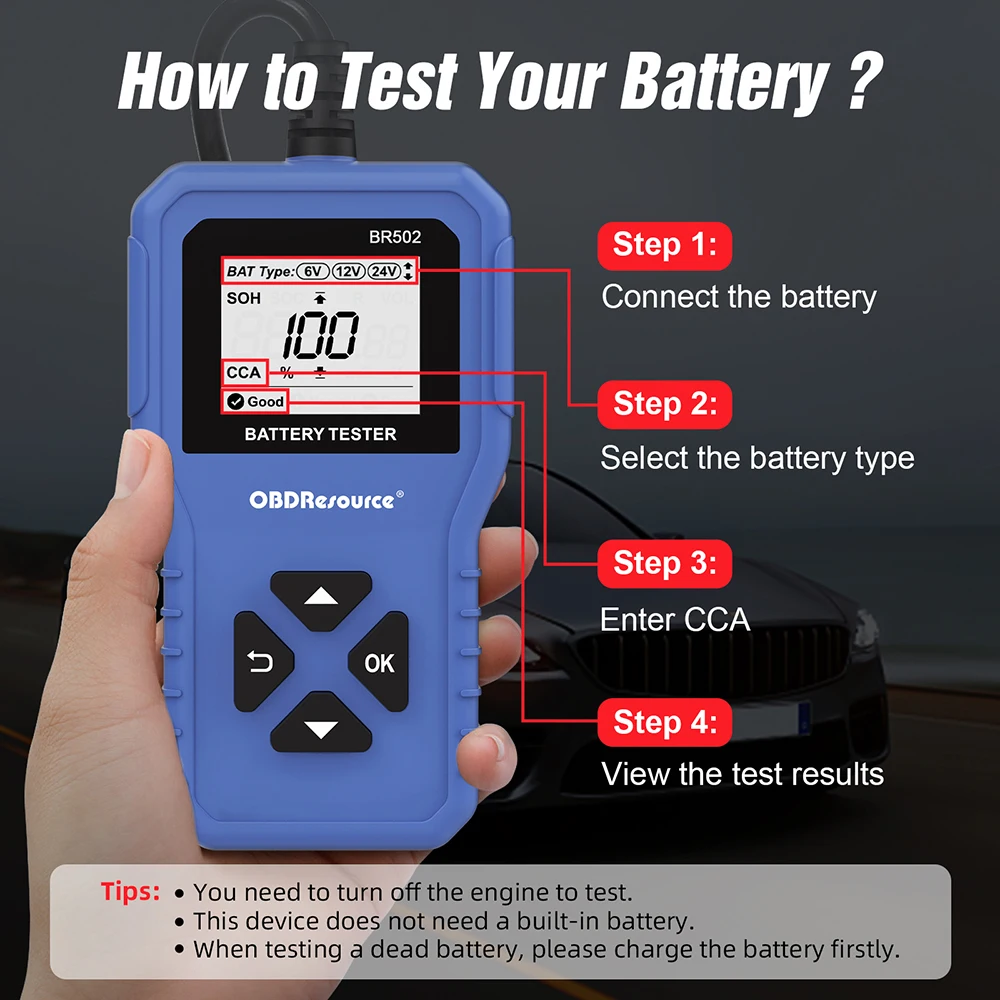 OBDResource Car Battery Tester 6V 12V 24V BR502 OBD2 Battery System Detect Auto Battery Analyzer Tool 100-2000 CCA 2Ah-220Ah 5
