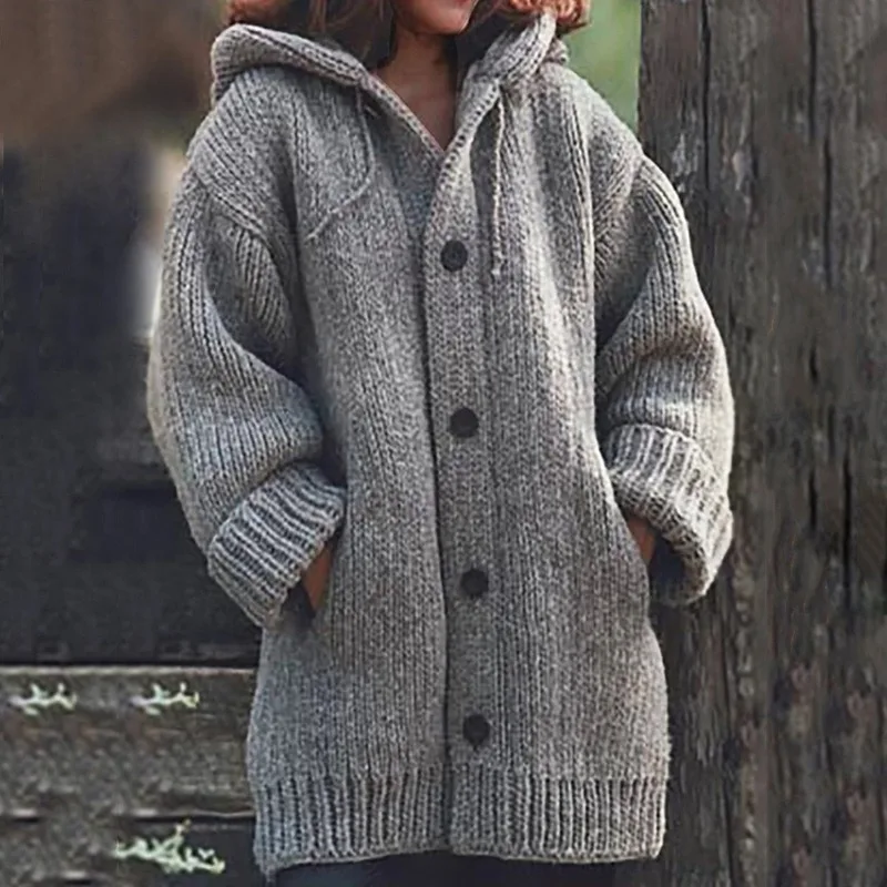 

Fall Winter Fashion Pure Color Loose Warm Long Sleeve S-5XL Sweater Jacket Large Size Knit Mid-length Hoodie Large Women
