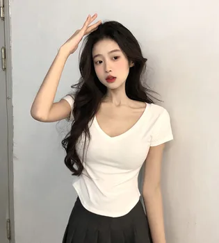 Sexy V-neck Short Sleeve T-shirts for Women Summer New Tees Top Black White Basic Tshirt Y2K Korean Style Women's Clothes 2024 1