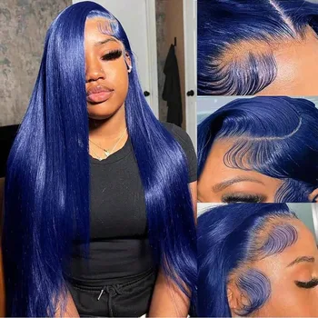 Peluca lisa azul de cabello humano brasileño con encaje HD frontal 13x4 1