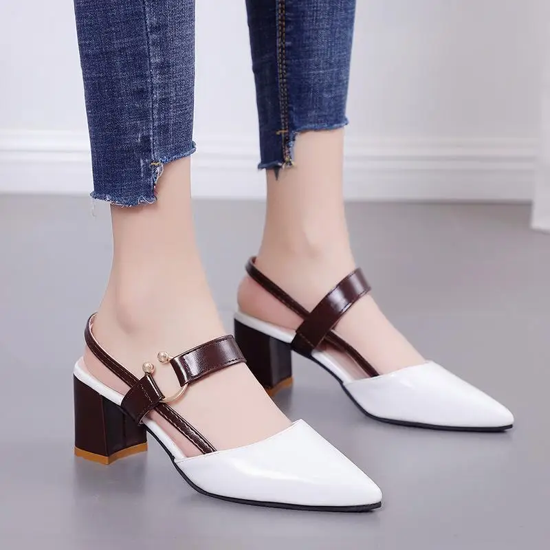 Women's High Heels Sandals Summer Pointed Toe Lady Pumps Buckle Design Shoes for Women Thick Casual Lady Fashion Sandalias