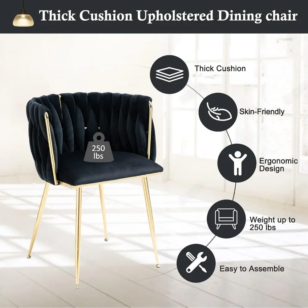 Modern Velvet Dining Chairs Hand Weaving Accent Upholstered Side Chair with Golden Metal Legs for Dining Room