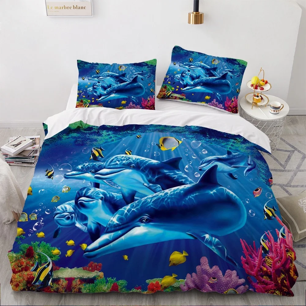 

Fashion 3D Bedding Sets Sea Dolphin Blue Duvet Cover Set Cute Duvet Cover Pillowcase Luxury Home Texitle Queen Full Size 140x200
