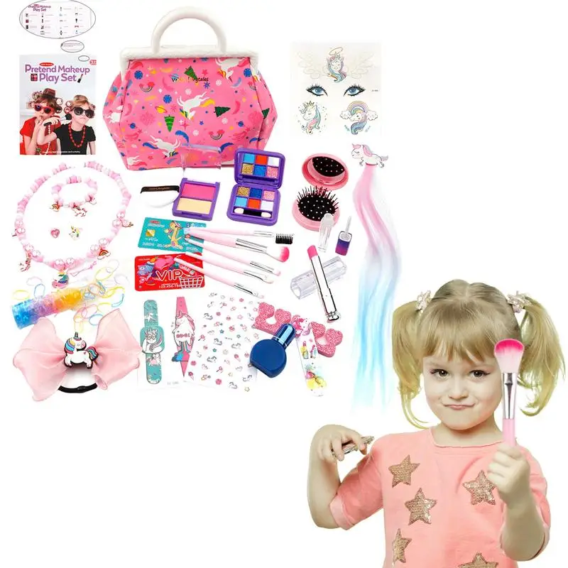 

Pretend Makeup Playset 28Pcs Kids Makeup Kit For Girl Pretend Makeup Set Girls Toys Age 3-8 Fashion Cosmetic Bag Holiaday