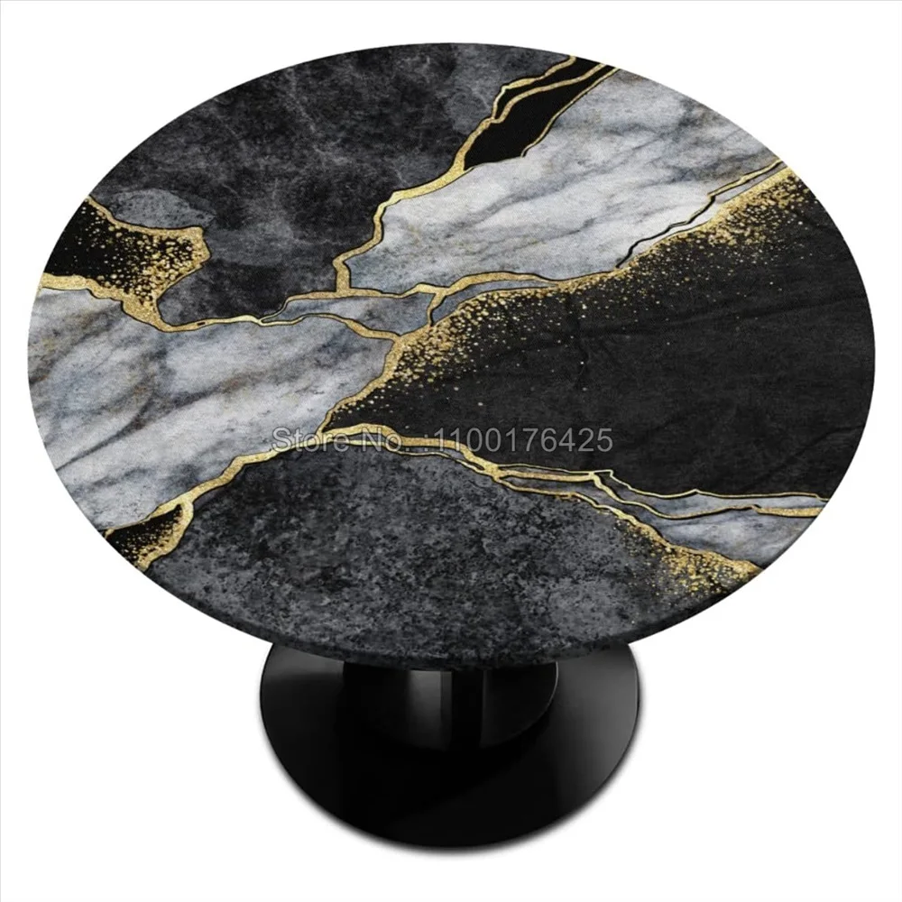 White Gold Marble Round Tablecloth Elastic Edge Polyester Waterproof Fitted for Indoor Party Kitchen Decor table cloth