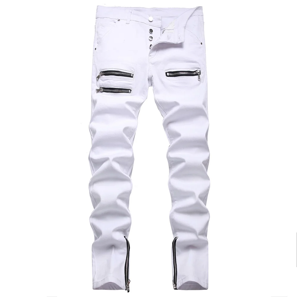 Men White Stretch Denim Biker Jeans Bottom Zippers Buttons Fly Slim Tapered Pants Painted Trousers