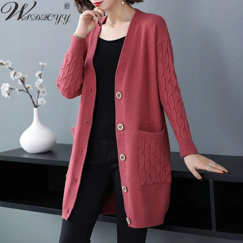 

Casual V-Neck Knitted Cardigans Coat Women Solid Colors Loose Sweater Jacket Oversized Vintage Single Breasted Knitwear Top