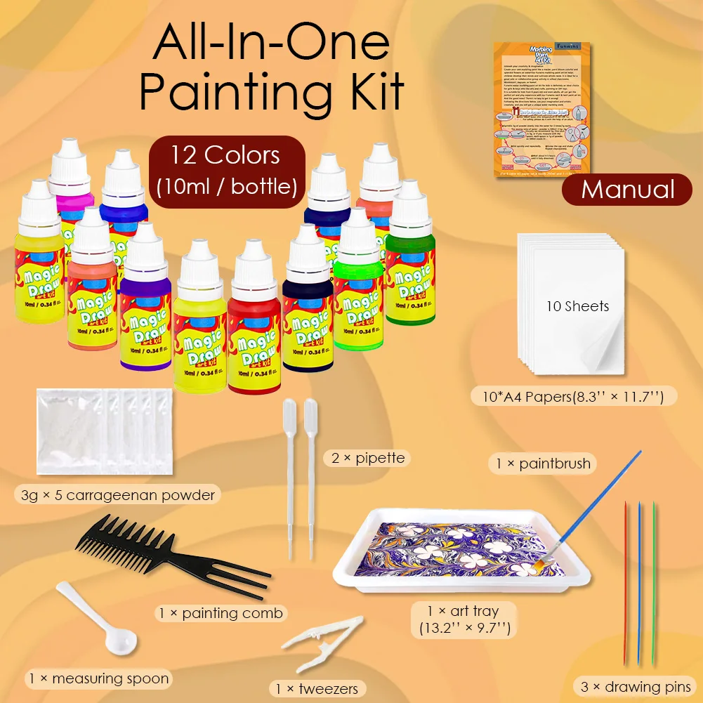 Kit Di Pittura Su Acqua Per Marmorizzazione – Set Creativo 6 O 12 Colori Per Bambini 6-10 Anni