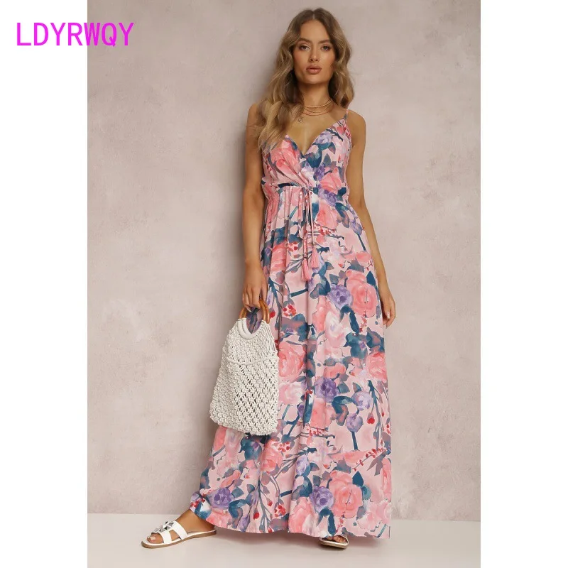

Xia Xin European and American women's fashion printed sexy dress with deep V-shaped sleeveless backless long skirt