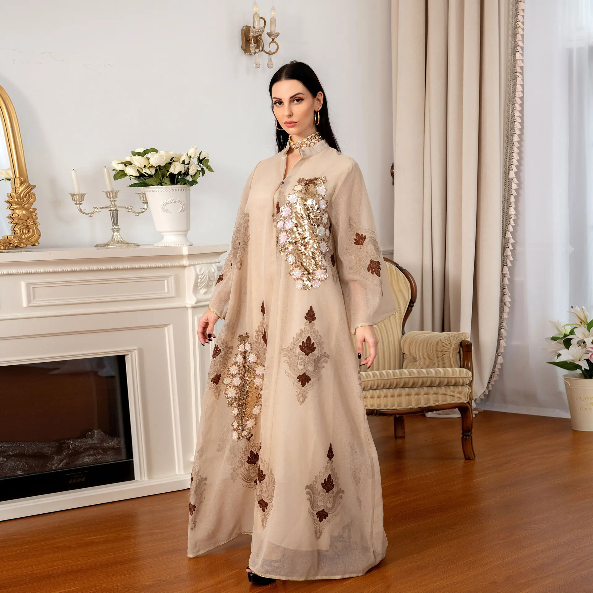 Fashion Muslim Moroccan Caftan Dubai Abaya Dress Chic Sequins Embroider Notched Stand Collar Evening Party Robe Women
