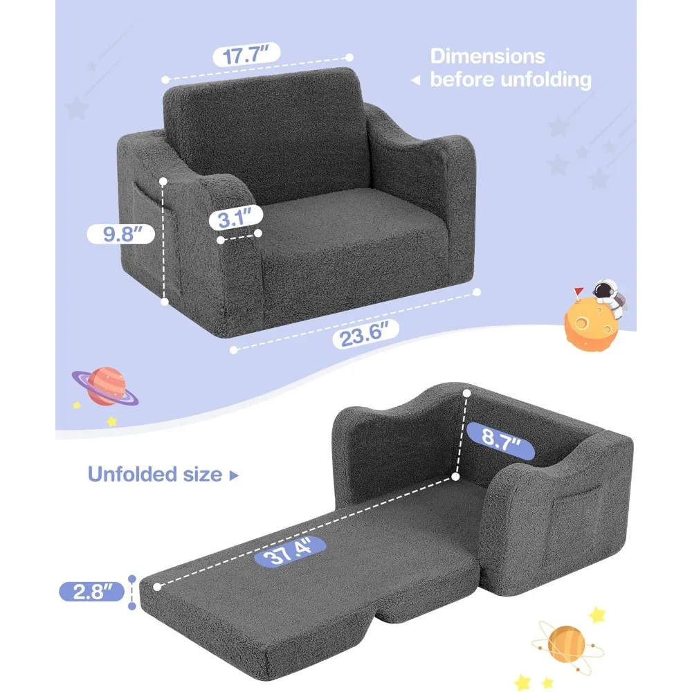 Toddler Couch, 2-in-1 Fold Out Toddler Sofa, Convertible Kids Couch to Lounger, Comfy Kids Sofa Chair for Toddlers 3