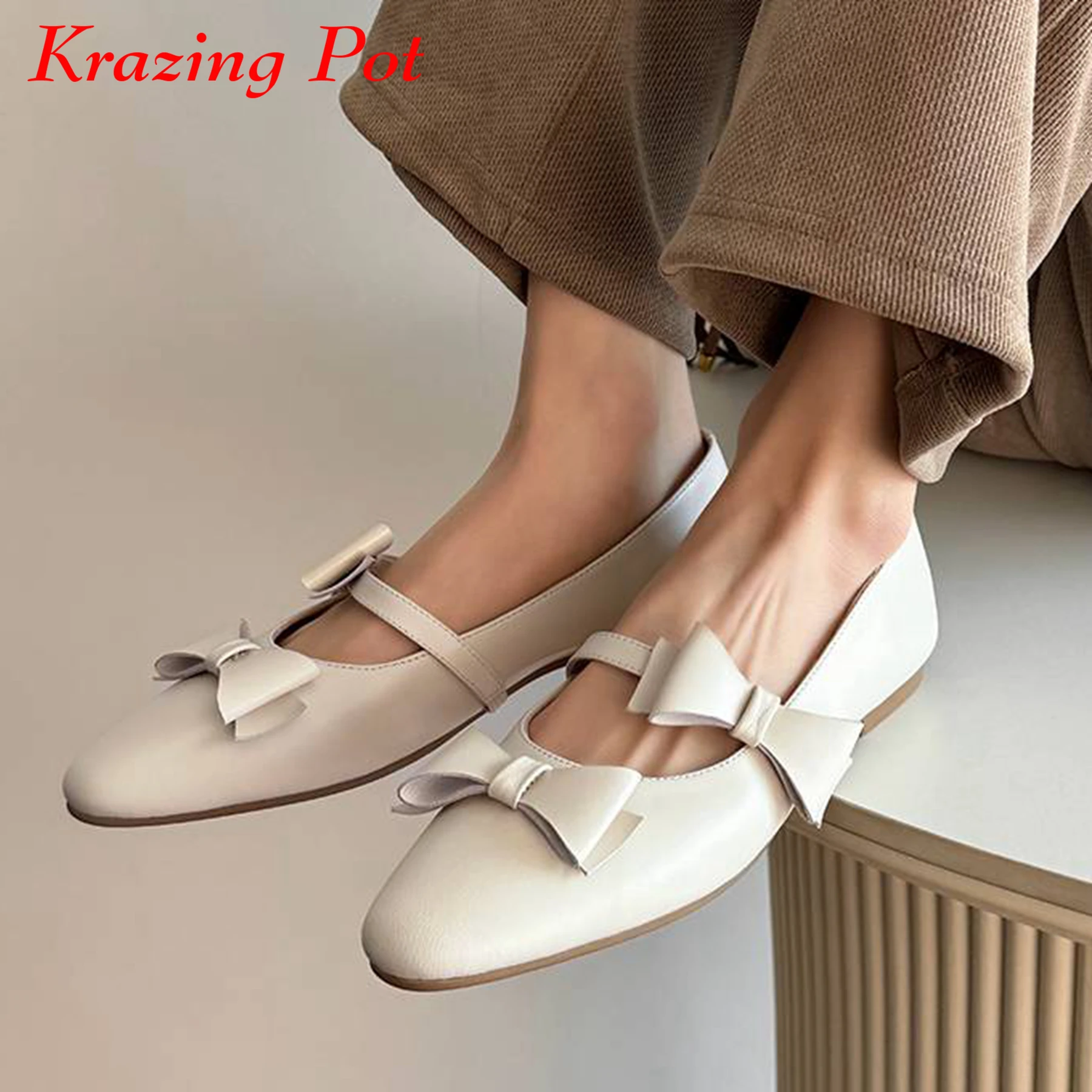 

Krazing Pot Cow Leather Butterfly-knot Round Toe Slip On Women Spring Modern Fashion European Designer Summer Cozy Ballet Flats