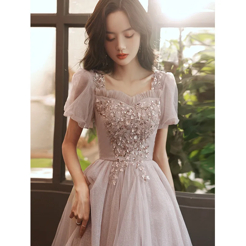 

Sequins Flower Square Collar Women Traditional Style Prom Party Dress 2022 Summer New Satin Lace Patchwork Cheongsam Vestidso