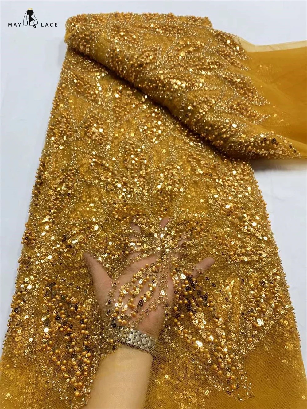

French Beaded Lace Fabric 2024 High Quality embroidery African Sequins Lace Nigerian Sewing Lace Fabric For Women Prom Dresses