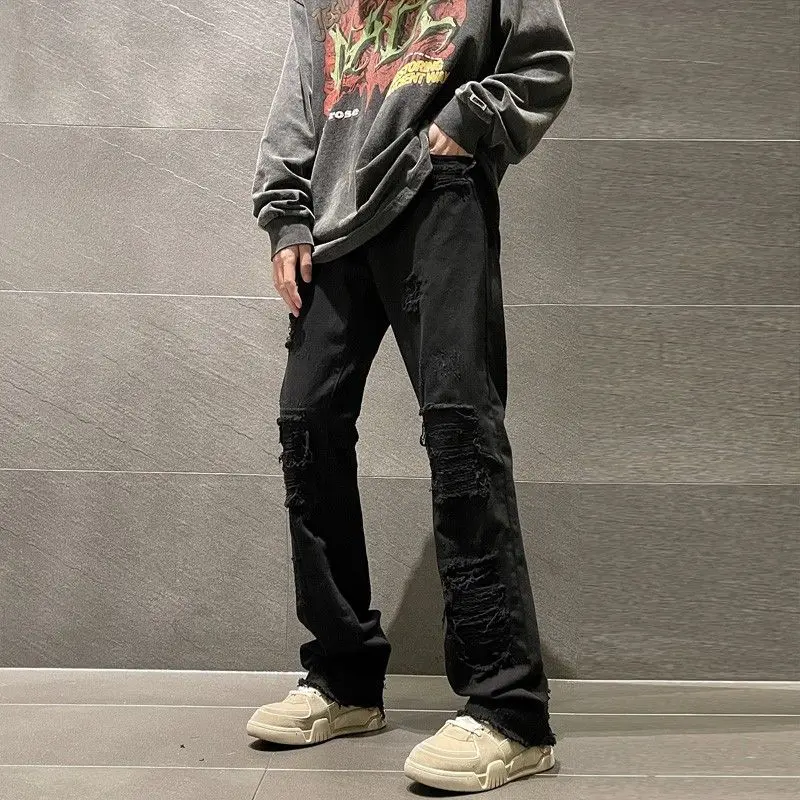 American Retro Denim Pants Men'S High Street Vibe Style Summer Thin Loose Straight Tube Punctured Rough Hem Pants