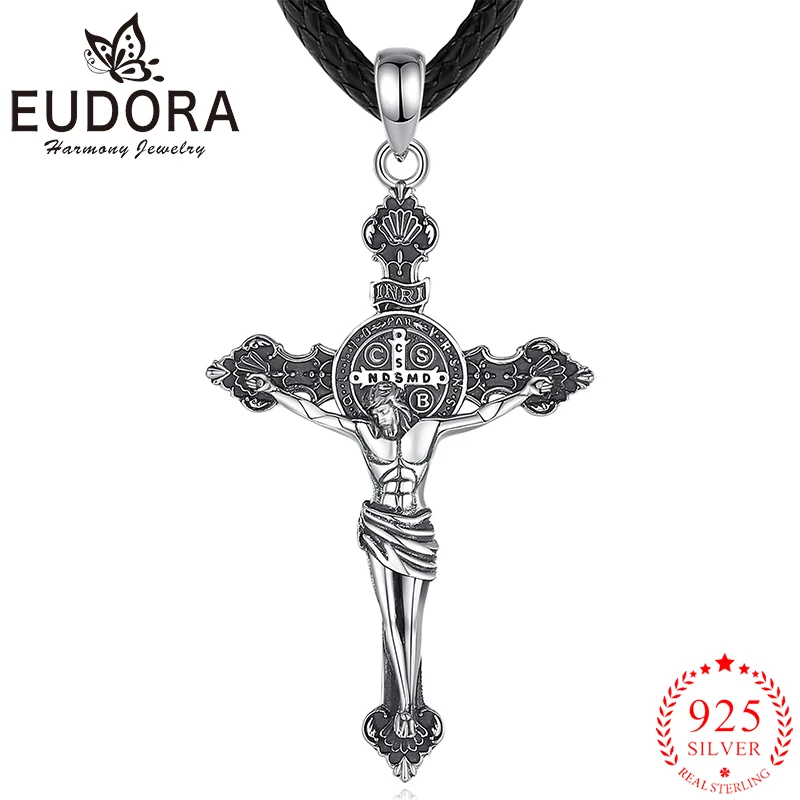 Eudora collana gesù in argento Sterling 925 croce di san benedetto ciondolo amuleto Vintage gioielli religiosi regalo per uomo donna