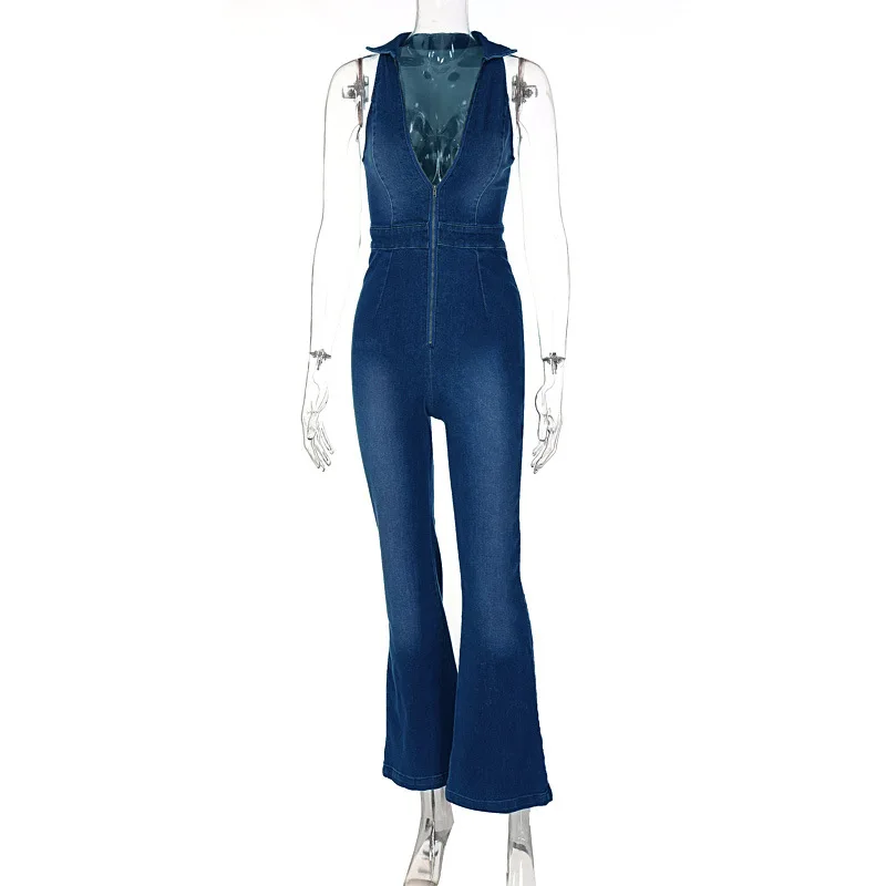 Europe and America Women's 2022 New Slim Slim Zipper Sleeveless V-Neck High Waist Fashion Retro Style Denim Jumpsuit