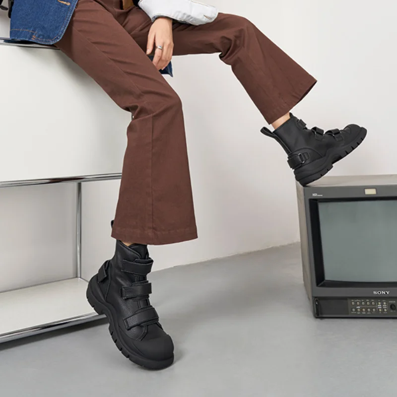 2023 New Classic Women Ankle Boots Autumn Winter Platforms Shoes Woman Fashion Lace-Up Genuine Leather Casual Knitting Boots