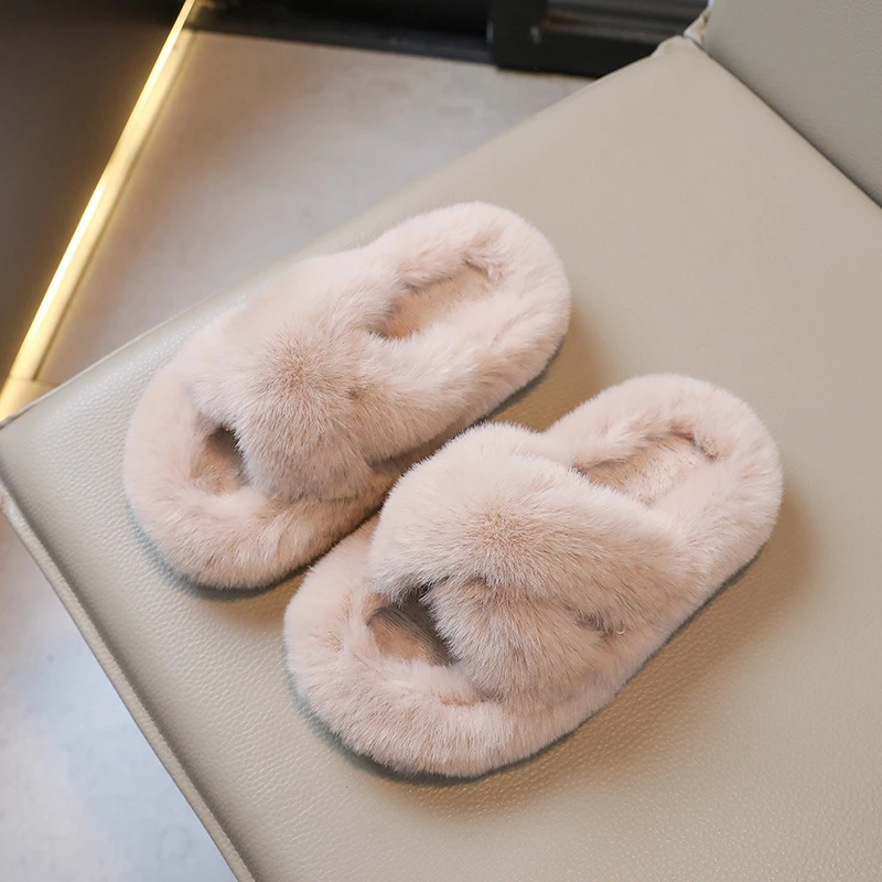 Fur Slides Slippers For Kids Furry Children Fur Slippers Cross Strap Flip Flops Baby Sandals Girls Women Family Shoes pantuflas