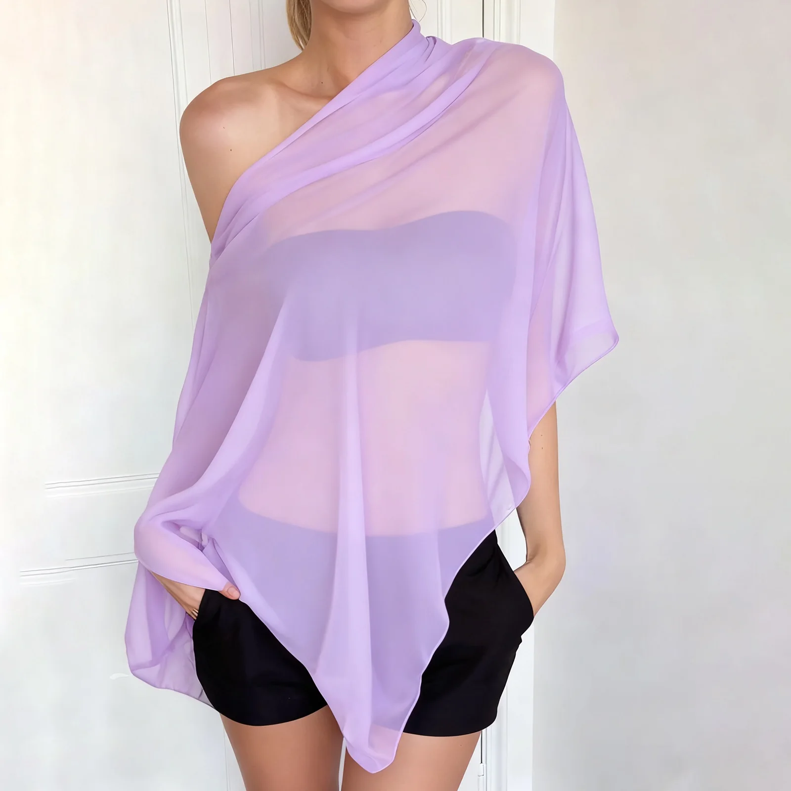 Women Coquette Sexy Sheer Poncho Shawl Asymmetrical Off Shoulder Mesh Flowy Tops Beach Vacation Loose T-shirts Tees Cover-Ups 5
