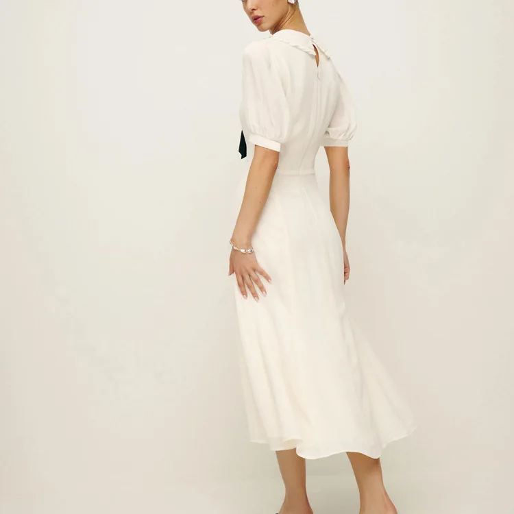 Ruffled White Elegant Long Dress Women's V-Neck Lace-Up Short Sleeve High Waist Patchwork Party Dress Ladies Maxi Dress
