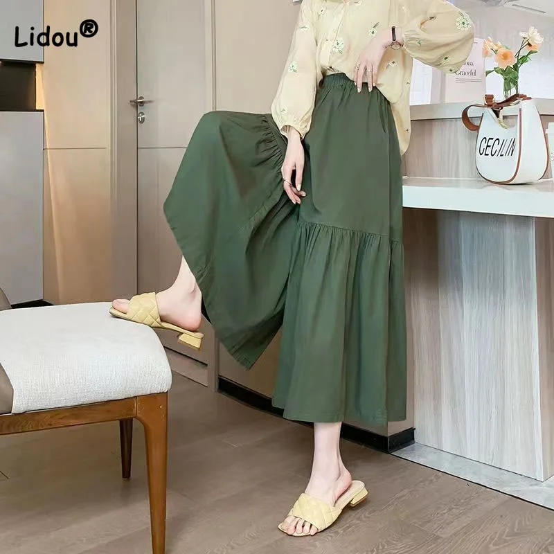 Simplicity All-match Casual Patchwork Solid Color Pants Summer Female Elastic High Waist Fashionable Loose Wide Leg Trousers
